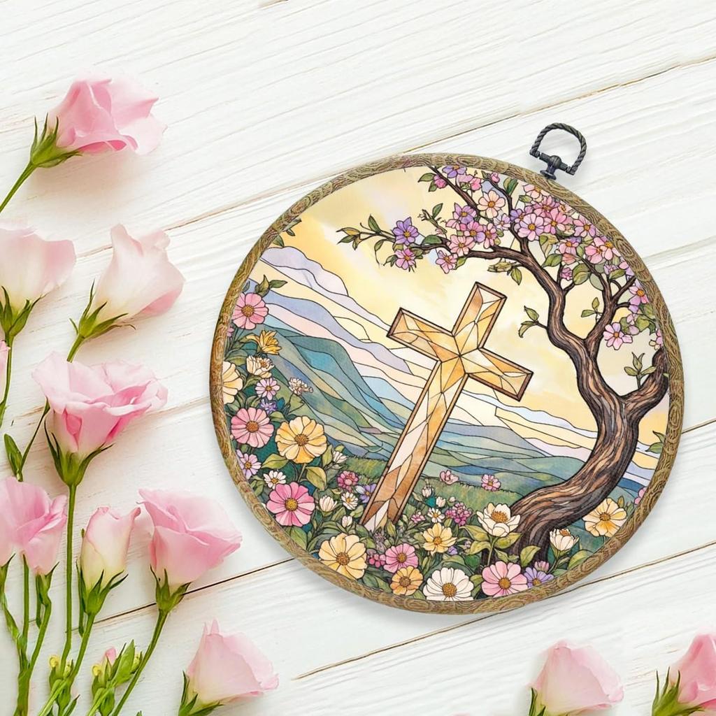 piratonal Wildflower Cross Faith Christian Gifts for Women Men Religious Gifts Framed Round Wall Decor Canvas Wall Art Hanging Prints Artwork for