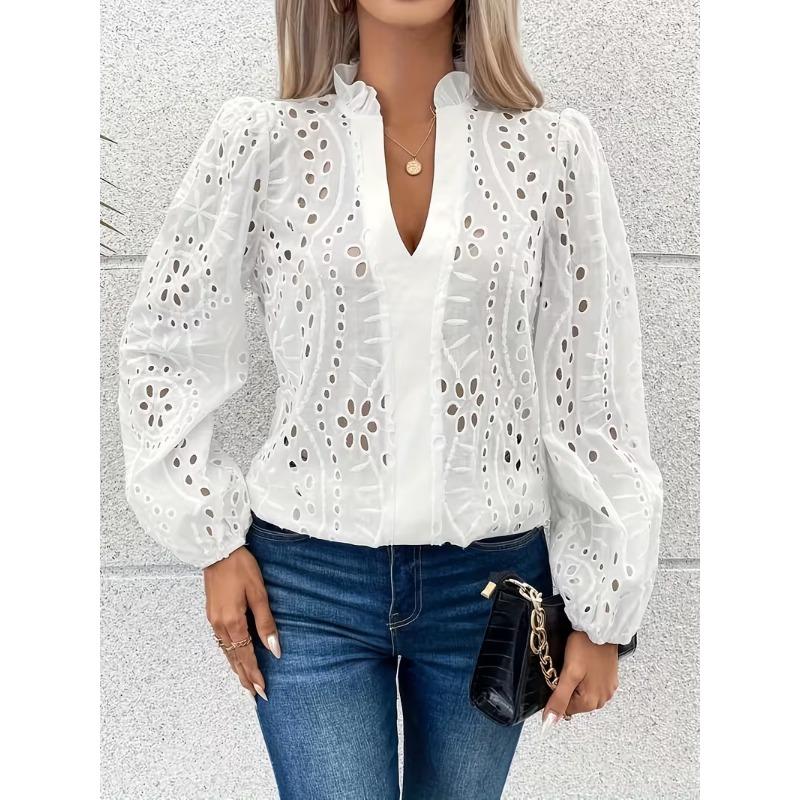 Women'S V-Neck Lace-Trimmed Blouse with Lantern Sleeves - Casual Long Sleeve Shirt Perfect for Spring & Fall, Ladies Blouses
