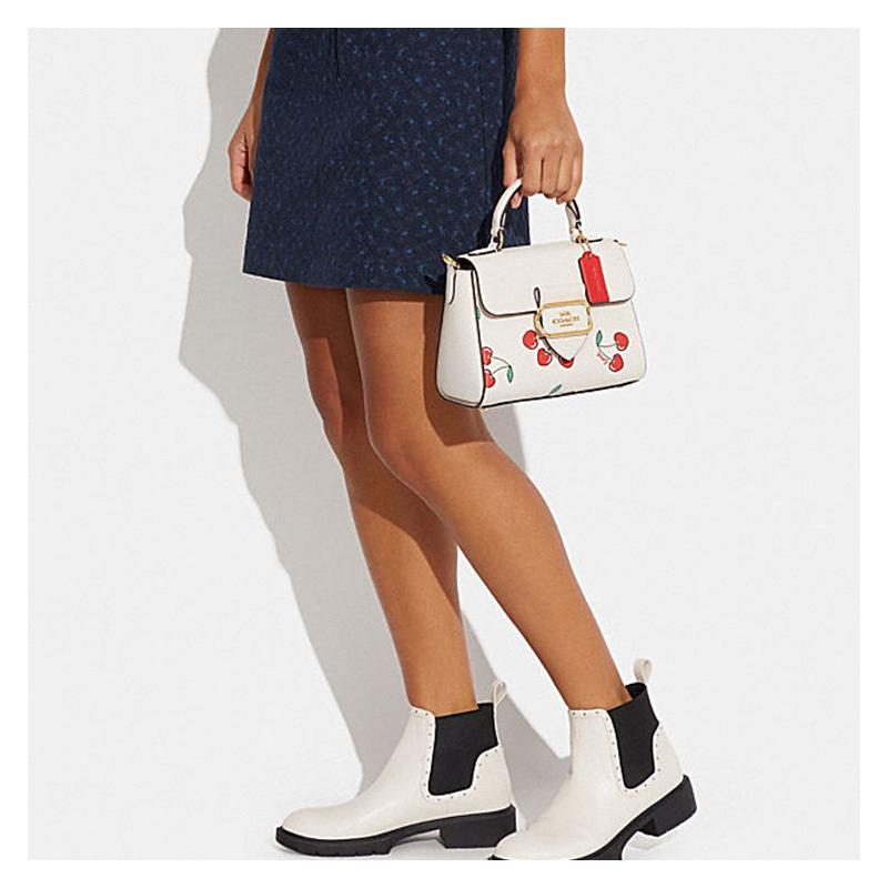 Coach Morgan 21 Snap Button Flap Closure Heart Cherry Print Artificial Leather with Calfskin Shoulder Crossbody Handbag Small Women's White
