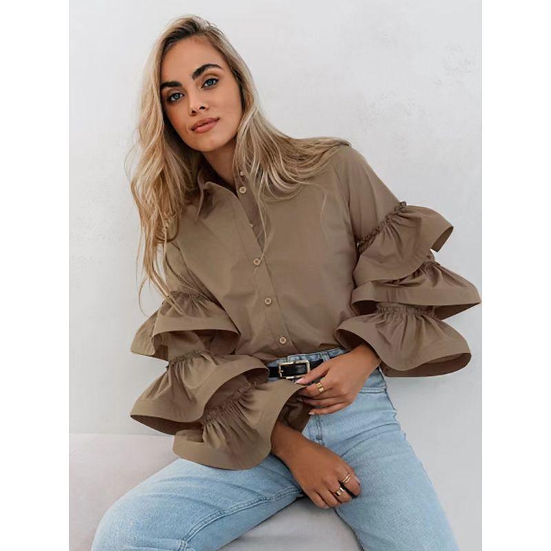 European and American New Fashion Design Sense Frill Long sleeve Temperament Shirts Lotus Leaf Sleep Shirt