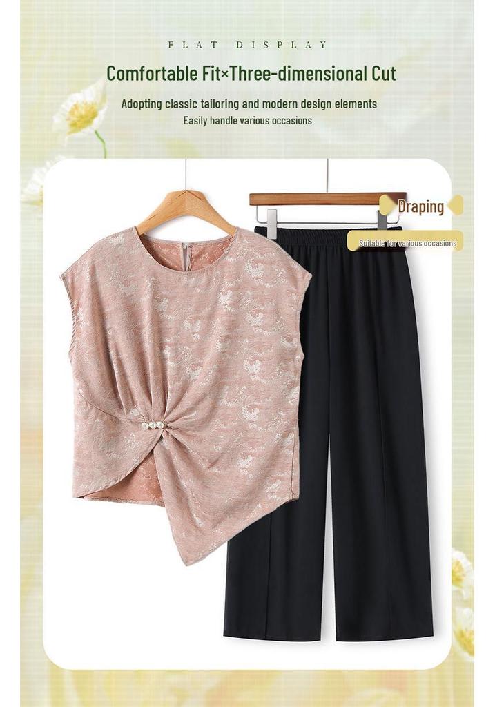 Elegant Summer Short-Sleeve Two-Piece Set for Middle-Aged and Elderly Women
