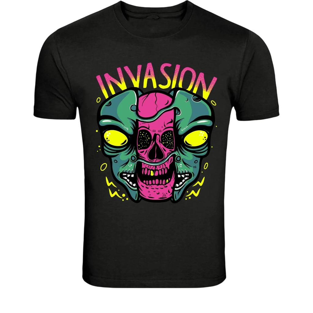 Alien Skull Invasion T-Shirt - Neon Sci-Fi Horror Graphic Tee