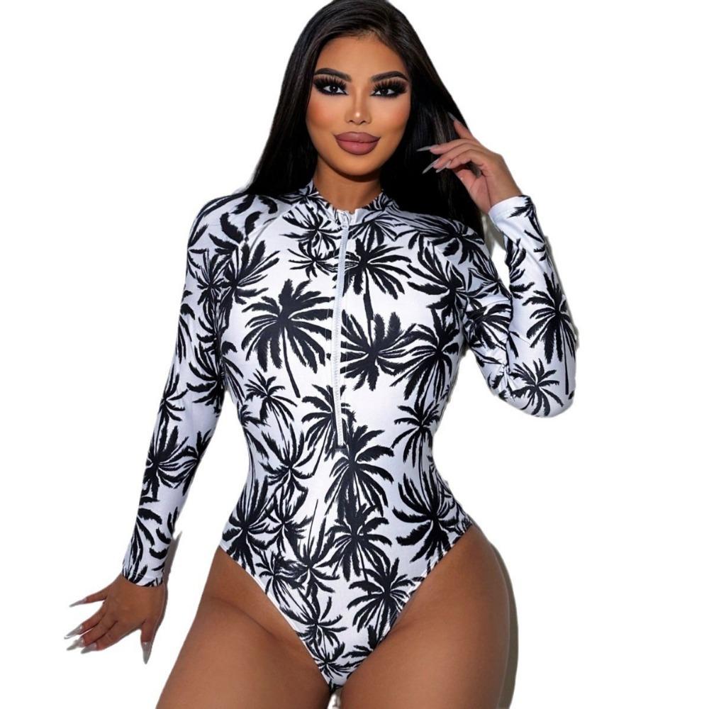 Jednodílné plavky Dámské plavky na surfování Amazon Conservative Sports Dlouhý rukáv Plavky s potištěným zipem