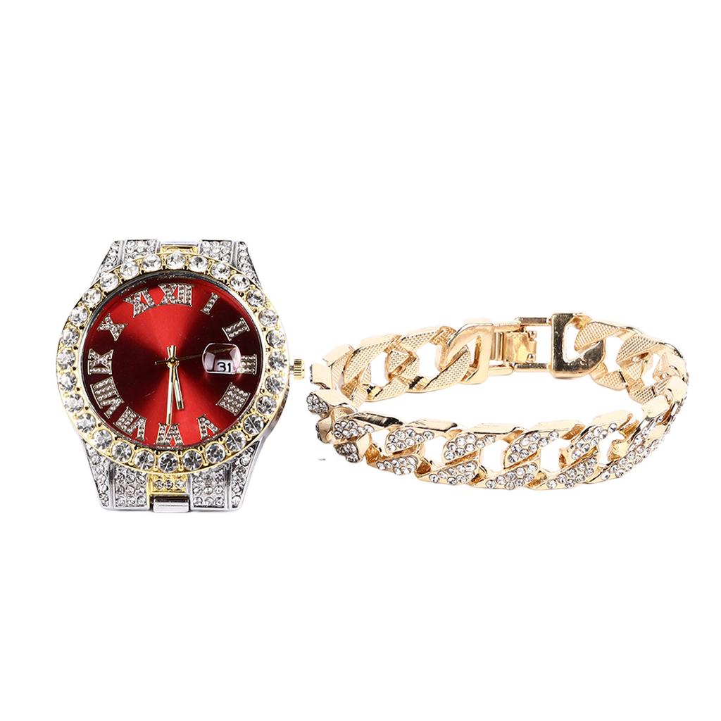 Watch Bracelet Set Diamond Decoration Built In Calender Stainless Steel Strap Business Quartz Watch for Men Gift