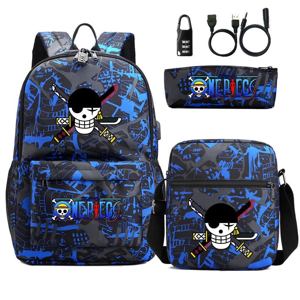 Riman Zaino con lucchetto USB ONE PIECE borsa a tracolla borsa da scuola per studenti astuccio set da tre pezzi uomo e donna