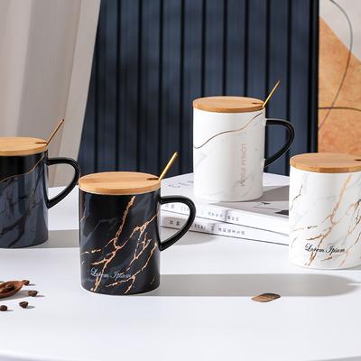 Nordic Ceramic Cup with Lid Spoon Marble Textured Large Capacity Mug Creative Personality Ins Office Water Cup