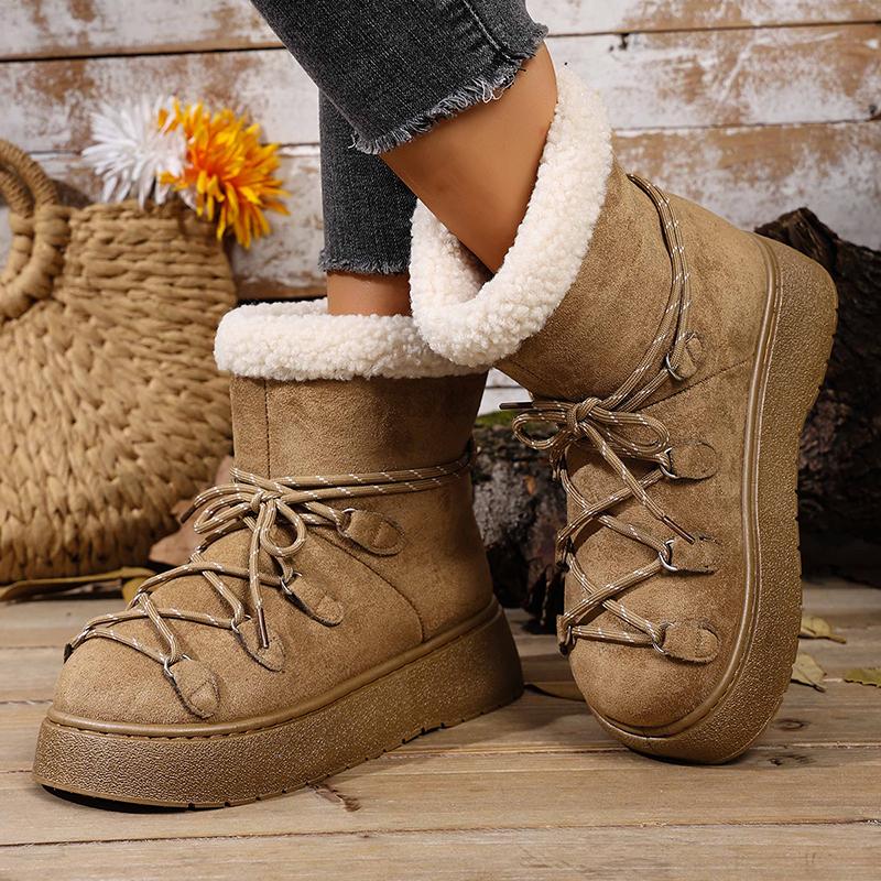Fashion Cross Lace Up Platform Snow Boots Women Winter Warm Thicken Plush Ankle Boots Woman Comfy Slip On Anti Slip Cotton Shoes