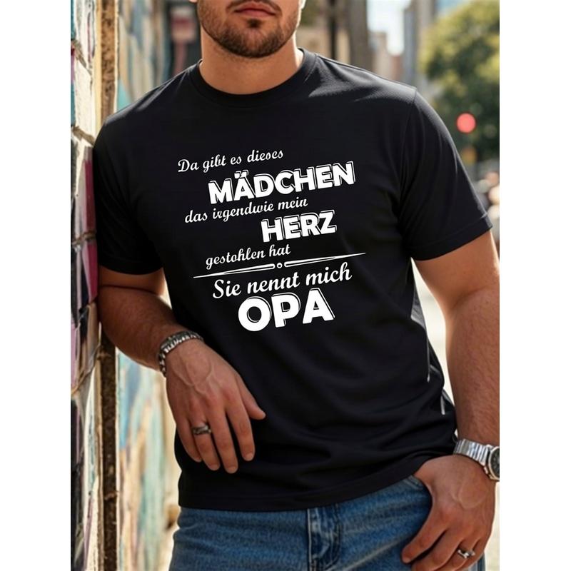 Men's Heavyweight German Text T-Shirt - Plus Size Casual Round Neck Short Sleeve Shirt with German Lettering, Machine Washable Suitable for Casual