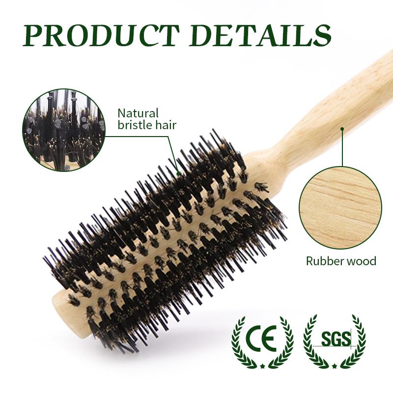 Boar Bristles Round Hair Brush Women Anti Static Wood Comb Hair Curling Styling Barrel Rolling Detangling Hair Comb For Curly