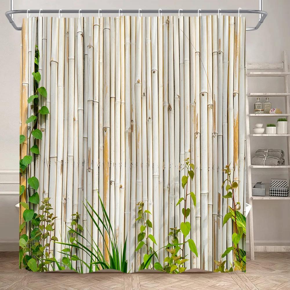 Zen Shower Curtain Landscape Green Bamboo River Lotus Stone Purple Orchid Plant Leaf Polyester Fabric Bathroom Decor Curtain