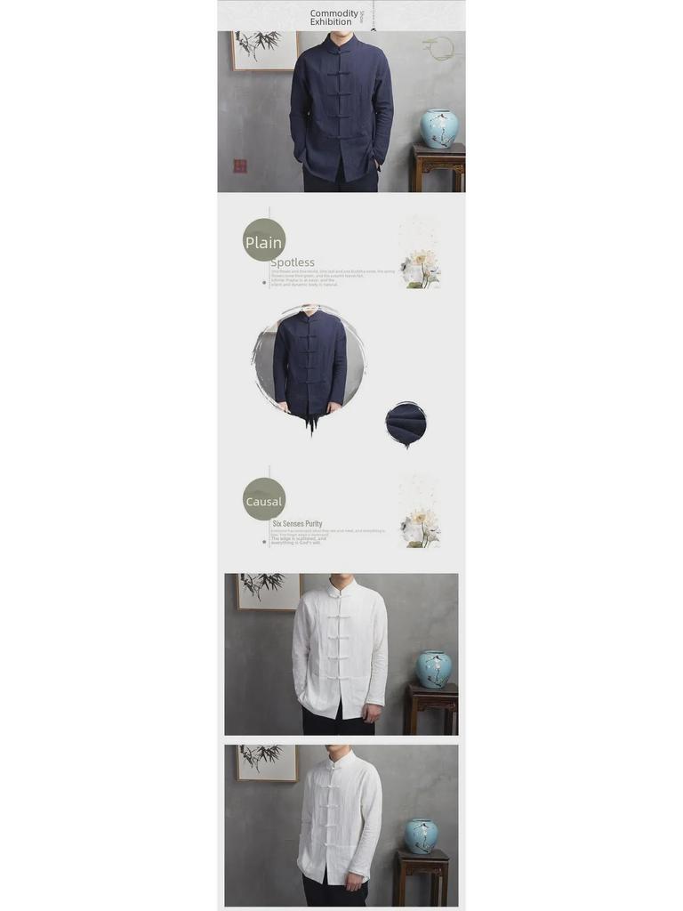 Men's Retro-Style Chinese Cotton Linen Stand Collar Shirt – Long-Sleeved for Spring and Autumn.