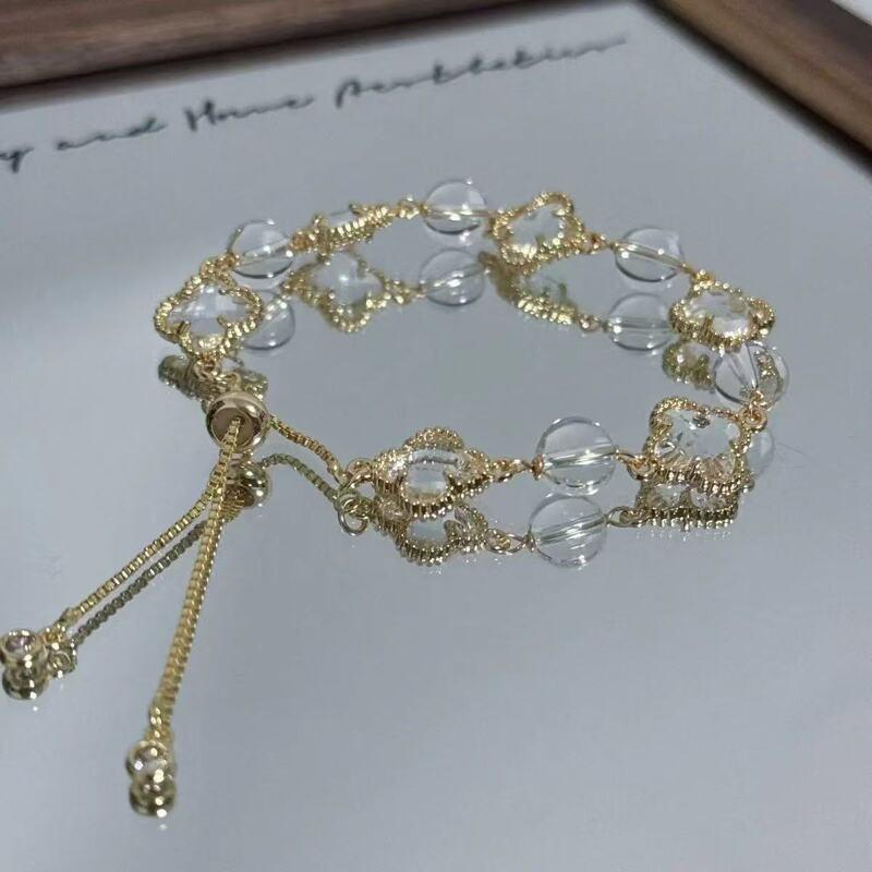 Natural Amethyst Citrine Clear Quartz Rose Four Leaf Clover Charm Bracelet Women 2025 Floral Style
