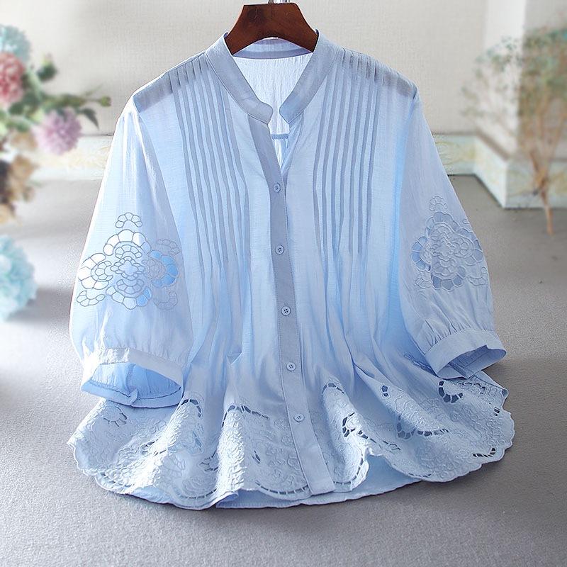 

Station Hollow Embroidery Flower Heavy Industry Loose Lotus Leaf Edge Premium Sense Cotton and Linen Shirt Женская летняя рубашка M синий