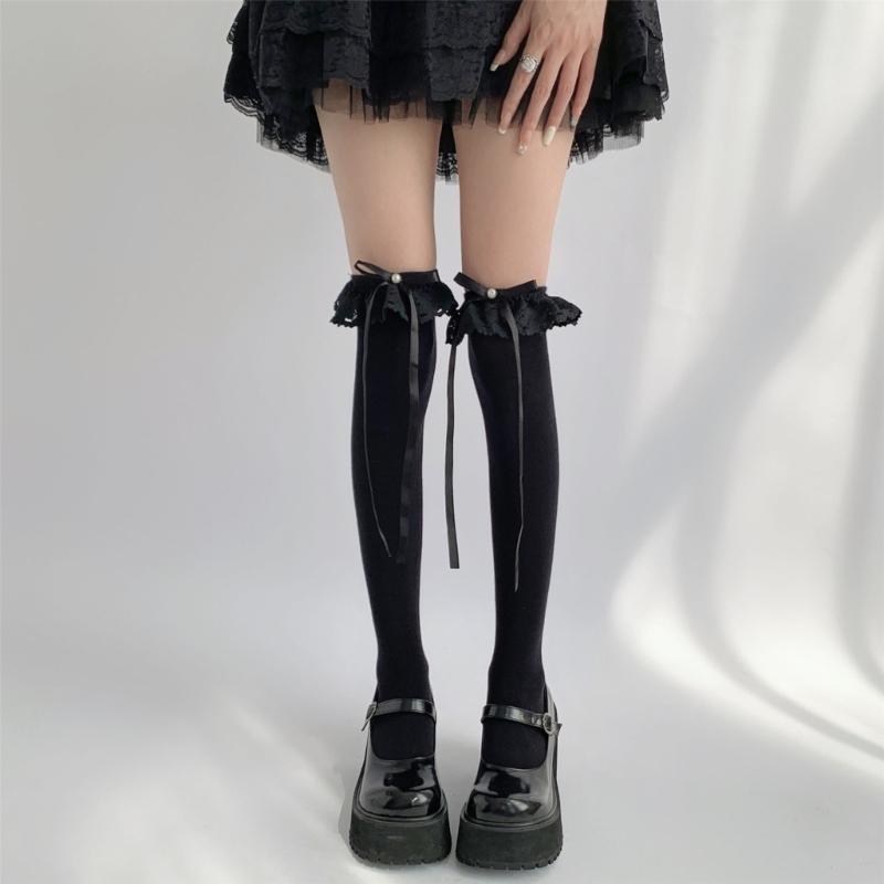 Bas Hauts Style Ballet Doux pour Femmes Bas Hauts Bandes Nœuds Bas Mi-Mollet Chaussettes d'Été Fines Hosierys