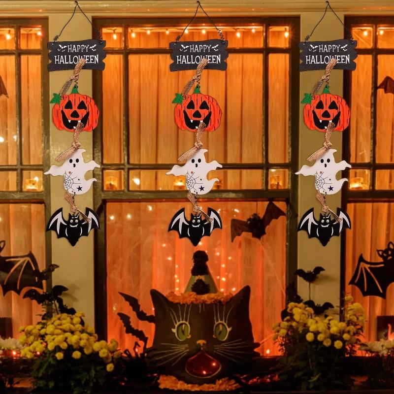 New Wooden Halloween Door Sign Pumpkin Ghost Bat Happy Halloween Doorplate Trick Or Treat Horror Props Door Hanging Decorations