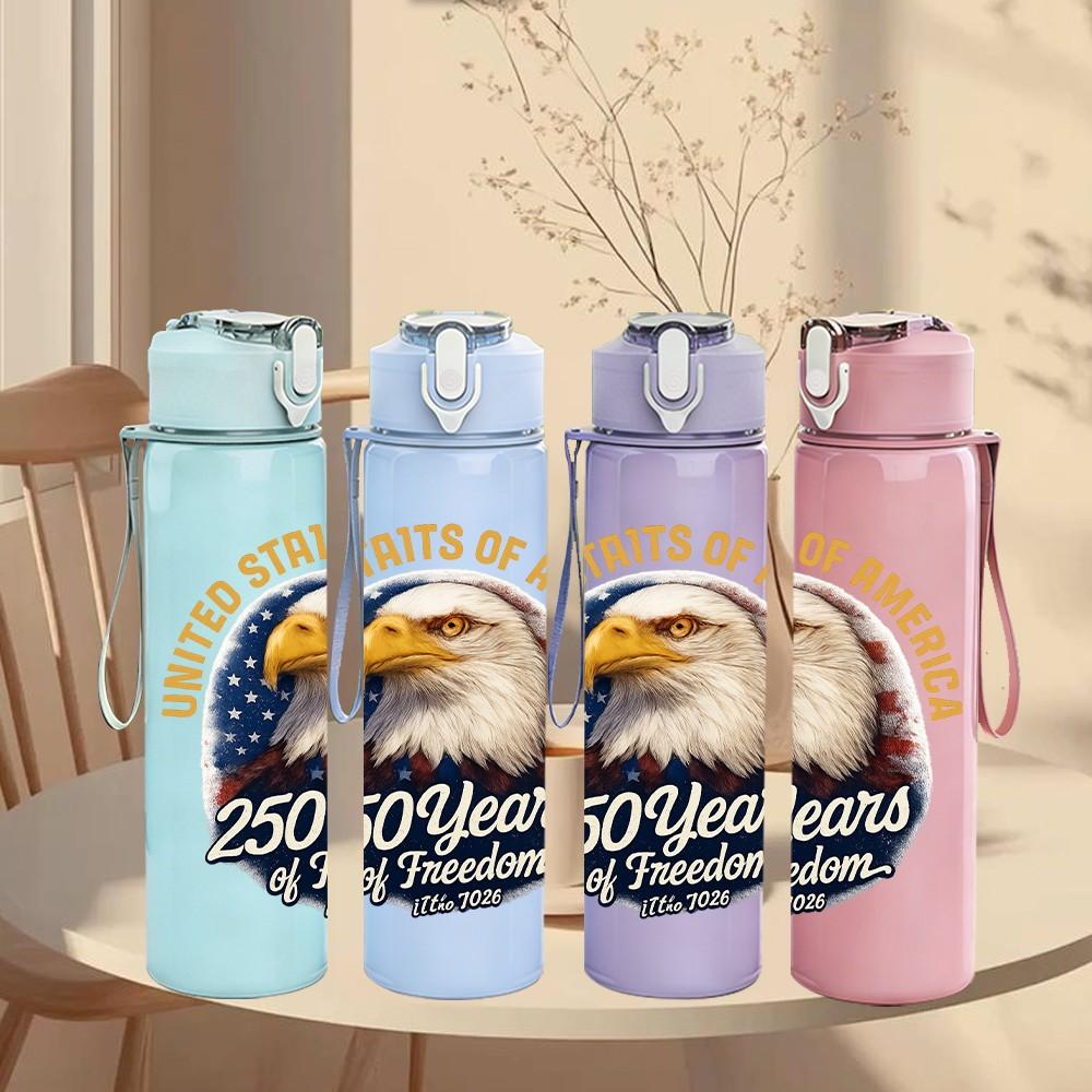 1PC USA 250 Years Eagle Liberty Bell 750ml Color Plastic Sports Water Bottle Leakproof Flip Straw Lid Suitable for Sports Office Home Use
