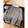 WTEMPO Fake Two-pieces Turn-down Shirt Sweater Women's Autumn Winter Contrast Color Lapel Gray Sweater Top