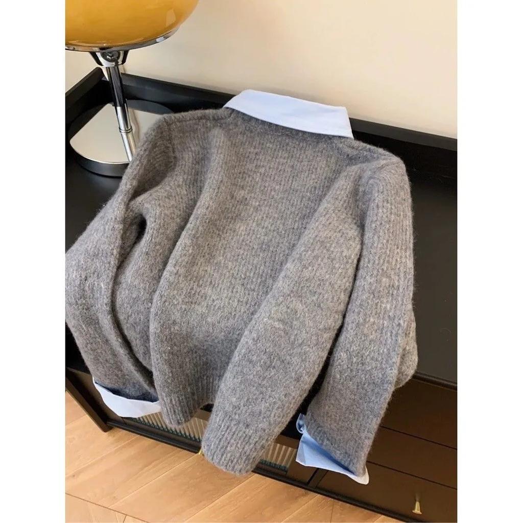 WTEMPO Fake Two-pieces Turn-down Shirt Sweater Women's Autumn Winter Contrast Color Lapel Gray Sweater Top