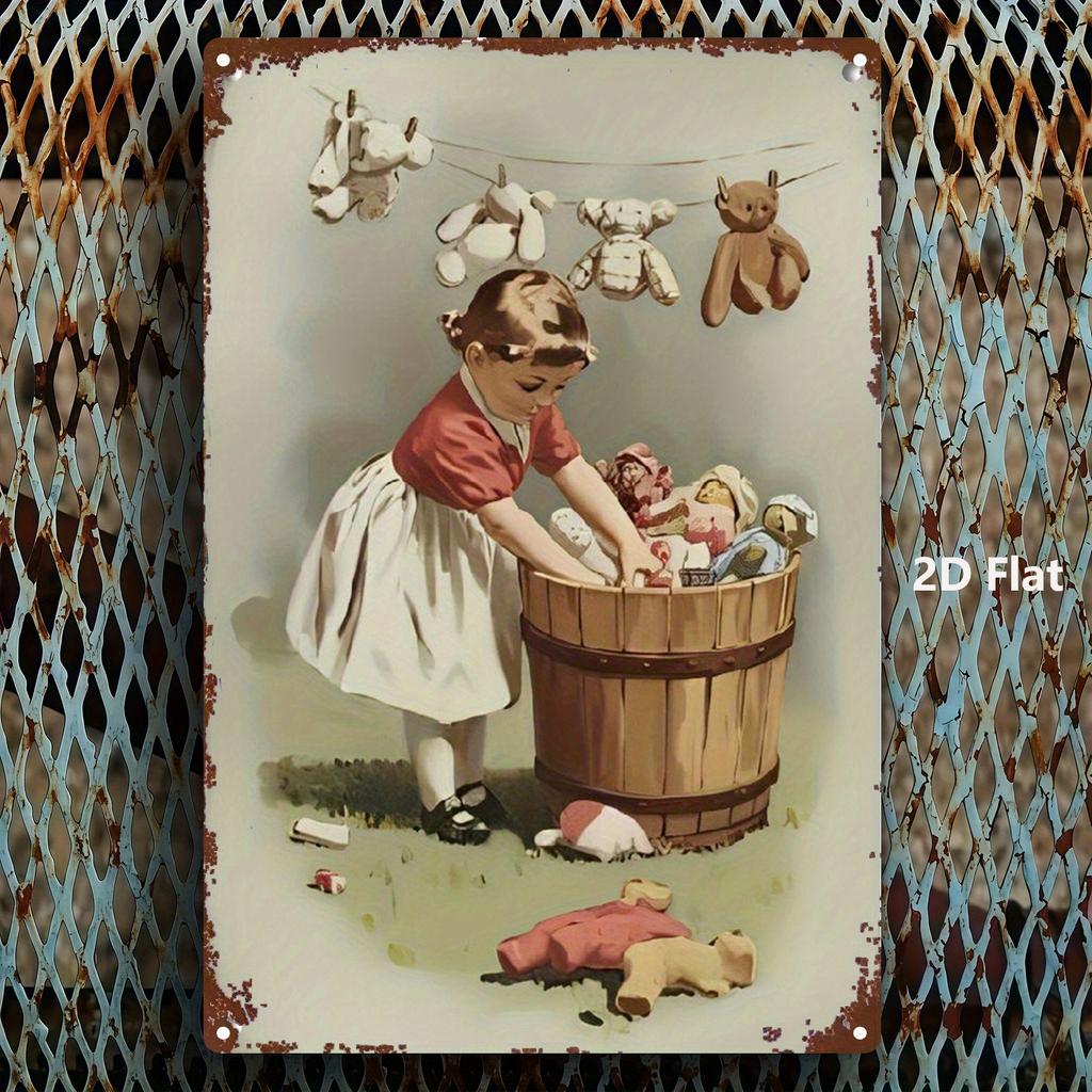 Vintage Iron Laundry Sign Little Girl with Toy Bucket Classic Wall Art Xcm Retro Decor for Bathroom Farm Porch