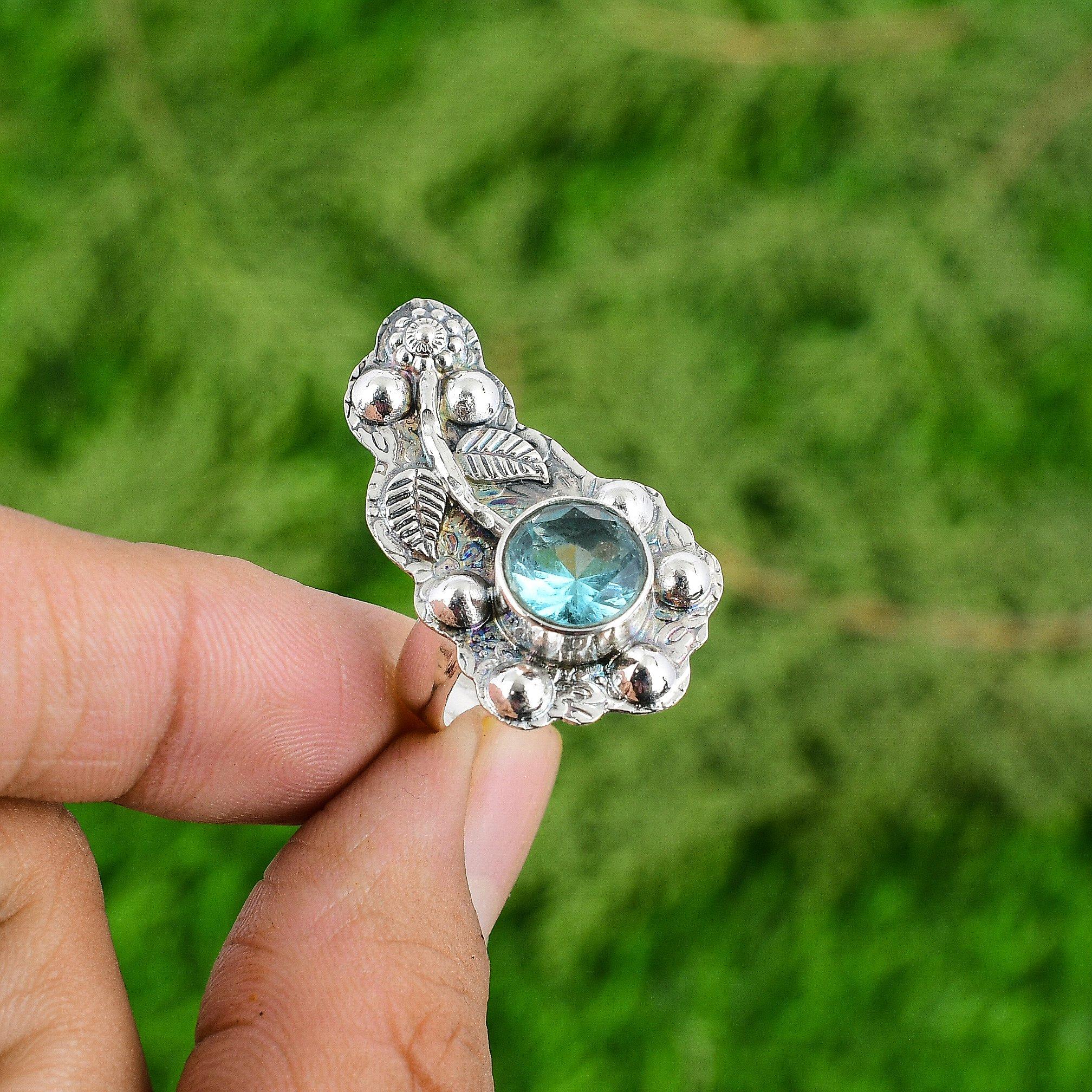 

Swiss Blue Topaz Gemstone Bezel Flower Mother Ring Jewelry 925 Sterling Silver Adjustable
