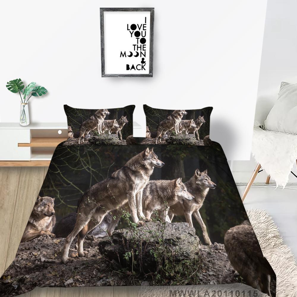 Hot Salg Dynetrekksett 2/3 stk Sengedrakt Wolf Printing Dynetrekksett Grønn soveromsdekorasjon