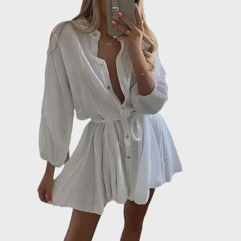 Women's 2025 White Lace-Up Button Ruffle Dress