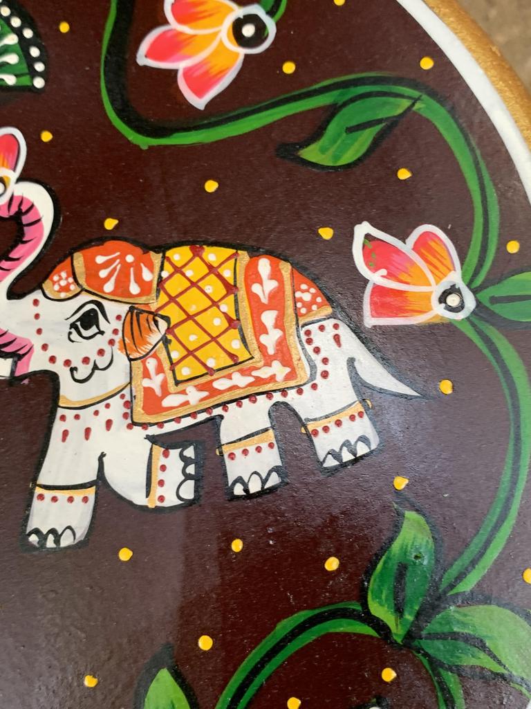Hand Painted Wooden Chowki Bajot | Round Elephant Design Stool Table