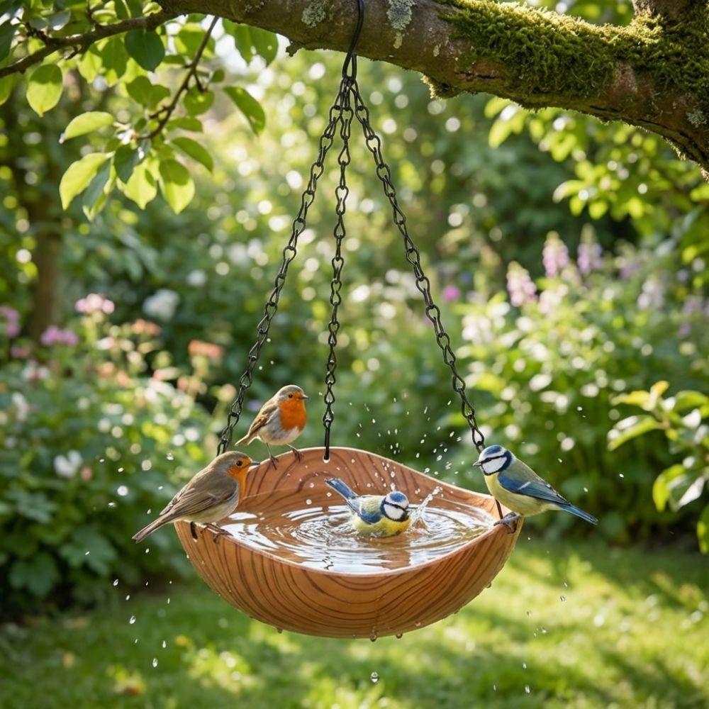 Retro Style Wood Grain Bird Feeders S Hooks Thickened Iron Chains Hanging Bird Bath Open Bowl-shaped Plastic Feeding Bowls