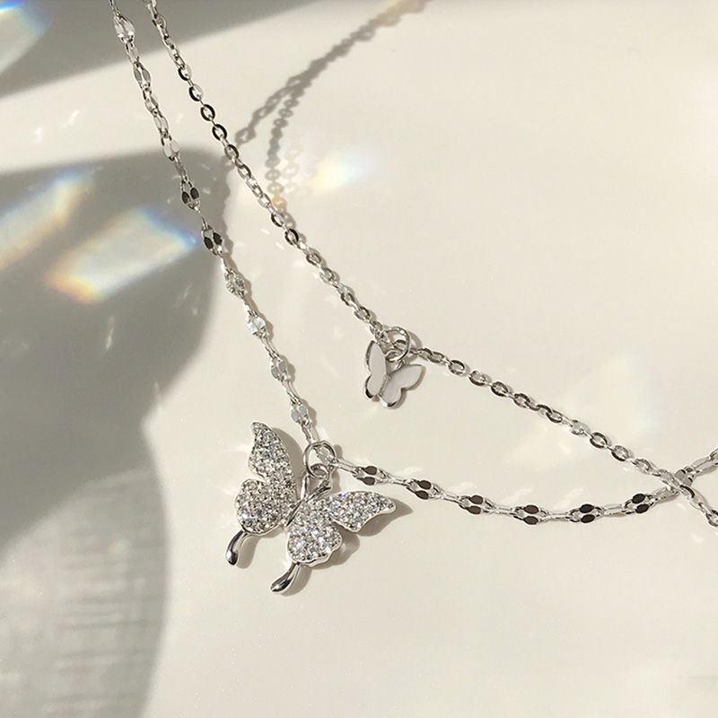 "Korean Double-Layer Zircon Butterfly Necklace: Elegant Flash Diamond Clavicle Chain for Women"