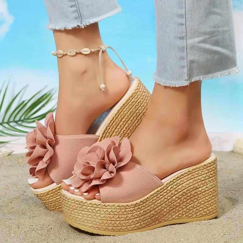 Fashion Aphixta Green Baby Pink New 3.54 Inch Hight Wedge Heels Appliques Flowers Platform Slides Women