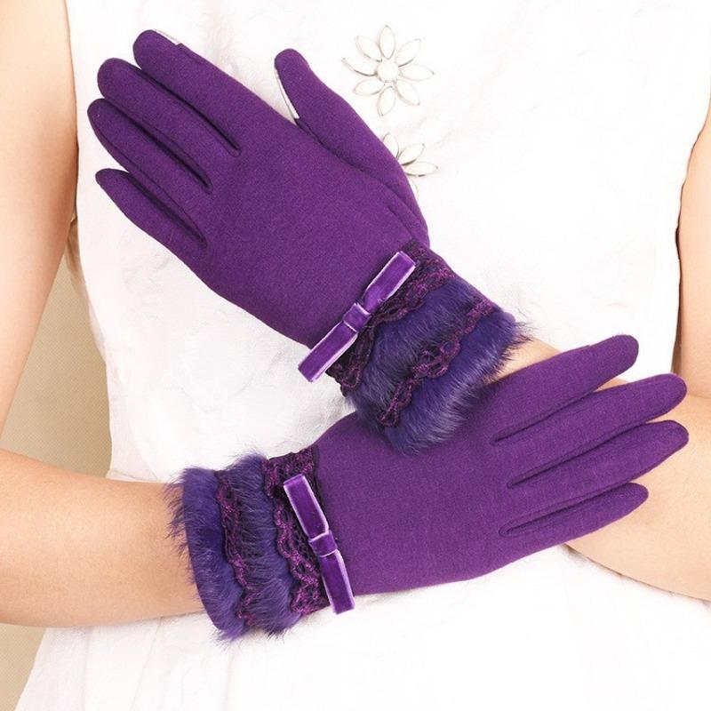 Warm gloves autumn and winter women's bow thickened fleece cold-proof outdoor riding non-inverted fleece touch screen gloves
