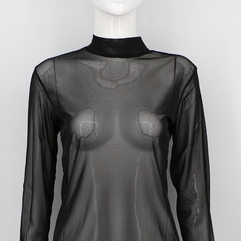 Summer Women's Blouse Bottoming Shirt Sexy Ultra-thin Mesh Stretch Tight Long-sleeved Half-high Neck Bottoming Shirt