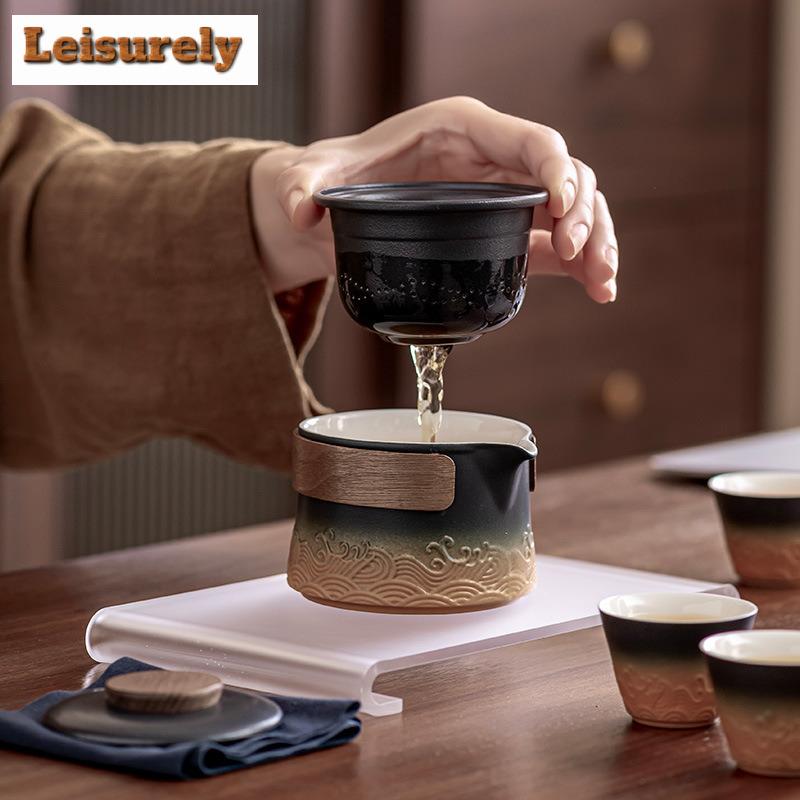 Chinese Wave Hand-held Teapot Tea Set Complete Tea Ceremony Set Teapot And Tea Cup Set Portable Travel Leather Bags Tea Items