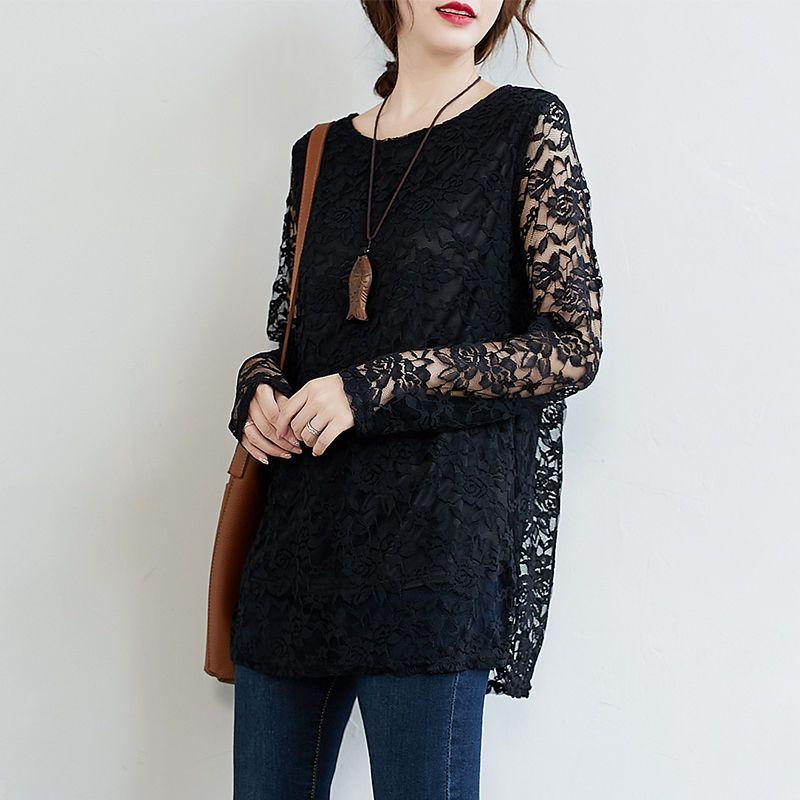 Spring Autumn Women's Round Neck Lace Blouse Mid-Length Loose Hollow-Out Plus Size Blouse