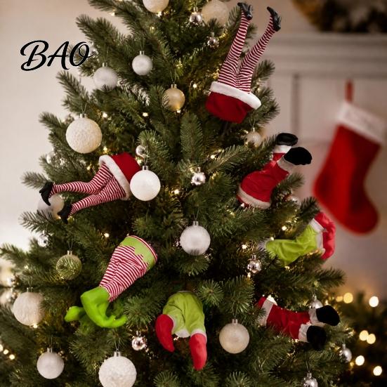 Christmas Party Props Elf Shaking Leg Decoration, Electric Santa Claus Green Hair Decor for Xmas Tree, cHalf Body Ormament
