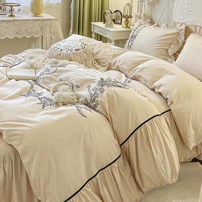 Four-piece Set of Pure Cotton Bedding French Lace Quilt Cover, Bed Sheet Pillowcase Set