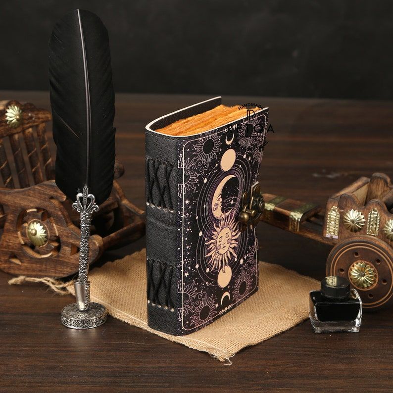 Celestial Sun & moon Handmade vintage leather journal • Deckle edge paper, Blank spell book of shadows grimoire journal, gift for him her