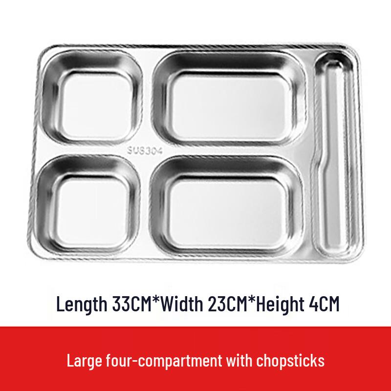 Large 304 Stainless Steel 4-Compartment Meal Tray with Chopstick Holder