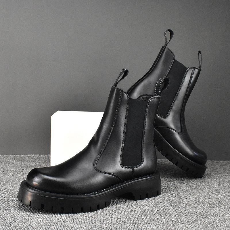 Korean Style Mens Chelsea Boots Black White Casual Shoes Stage Nightclub High Motorcycle Boot Original Leather Platform Botas