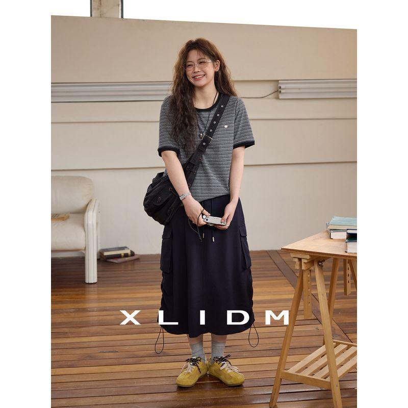 Xiaoli Plus Size Women's Stretch Pure Cotton Comfortable Contrast Color Pinstripe Slim Looking T-shirt Summer round Neck Shoulder Short Sleeve