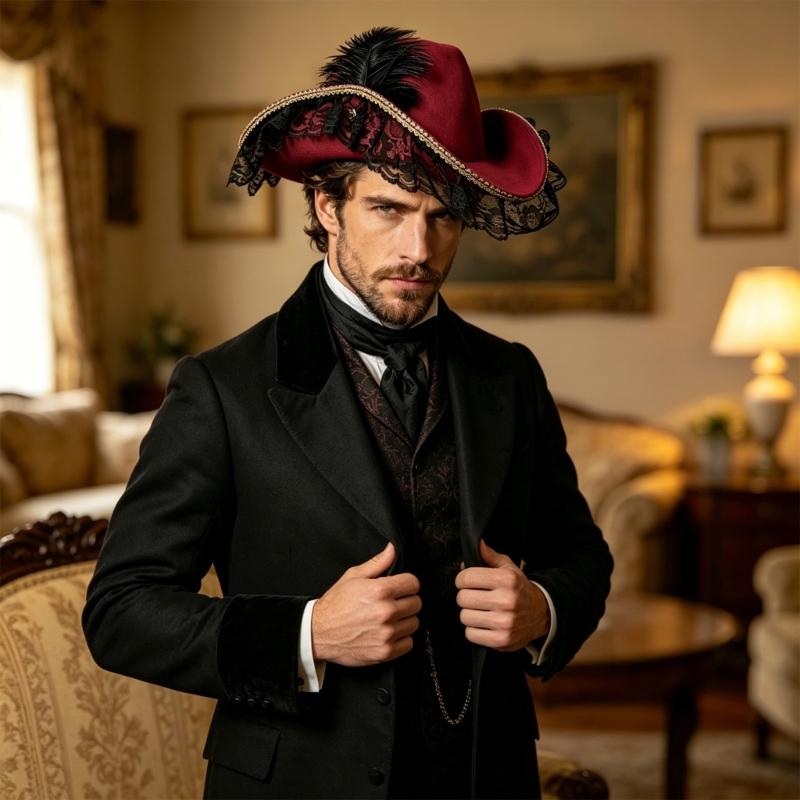 Stylish Black Pirate Hat With Lace And Feather Detail Halloween Cosplay Hat Perfect For Costume Parties