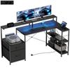 Escritorio para Gaming con Forma de L con LED y Tomas de Corriente, con Soporte para Doble Monitor, 165x80x91.5 cm, Aspecto de Madera Negra