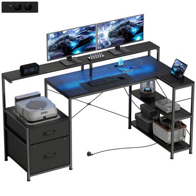 Gaming-Schreibtisch L-förmiger Schreibtisch mit LED & Steckdosen, mit Doppelmonitorständer, 165x80x91,5 cm, Schwarzes Holzdekor