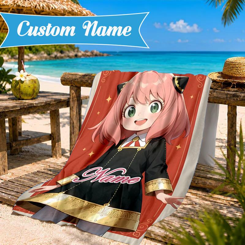 Custom Name Adventure Cute Anya Beach Towel Microfiber Beach Towel, Lightweight and Quick-Dry, for Summer Travel, Swimming Pool Gift