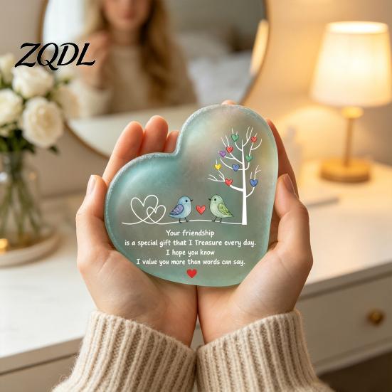 Healing Style Bird Pattern Ornament Heart Shape Acrylic Friendship with Engraved Verse & Tree, Desktop Appreciation Gifts for Long Distance Friend Art