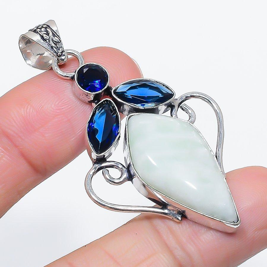 Natural Amazonite, Topaz Gemstone 925 Sterling Silver Jewelry Pendant 2.25" C7f55