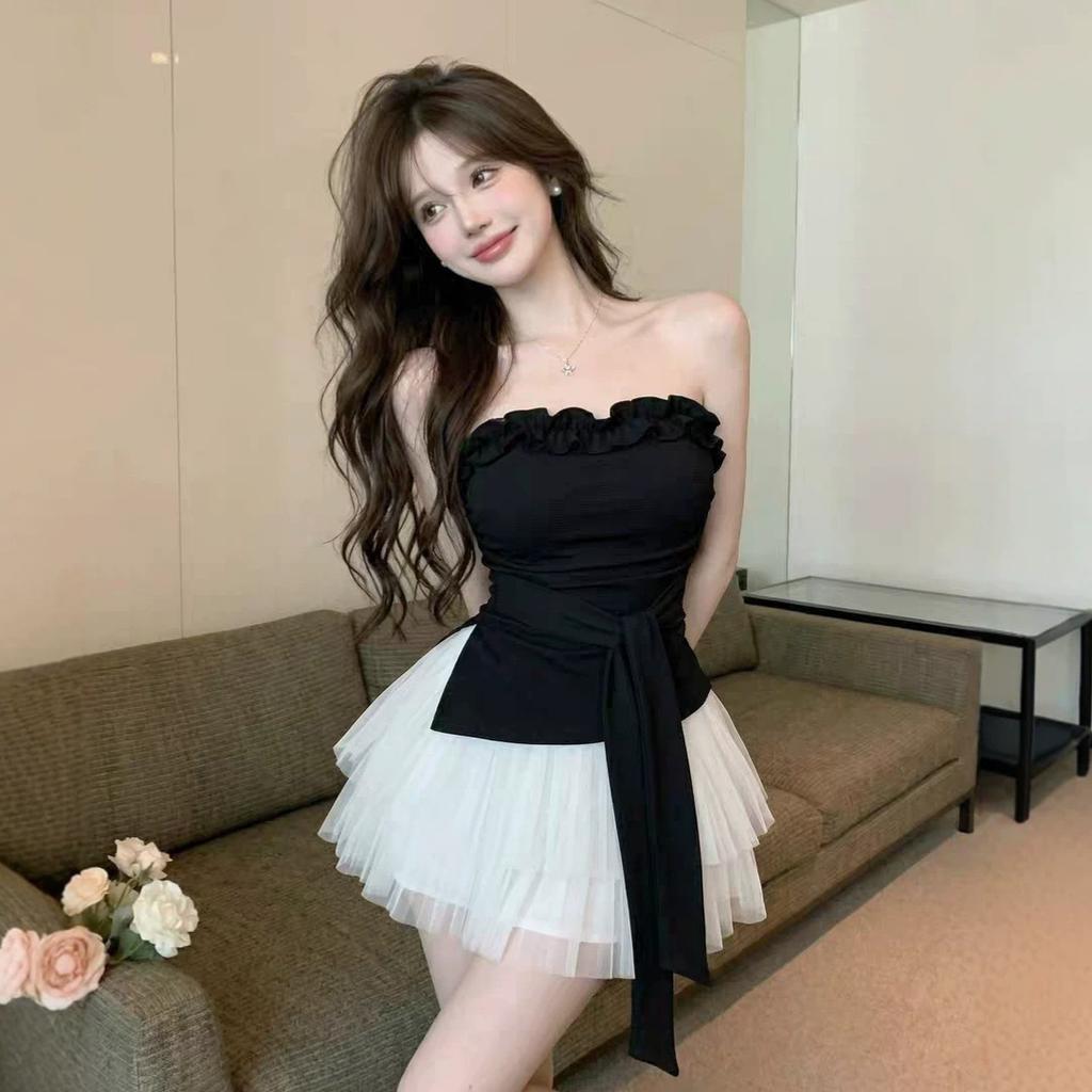 #Summer new pure desire wind fungus edge splicing tube top binding nun integrated top with chest pad