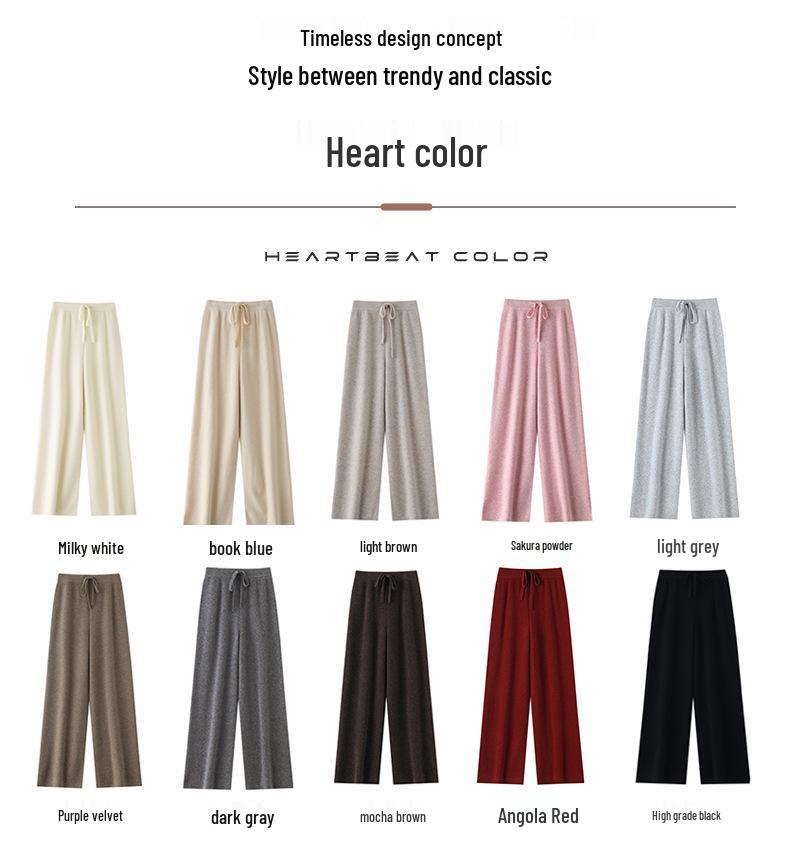 Women's 100% Wool Wide-Leg Knit Pants, Floor-Length, High-Waisted, Slimming, Casual Loose Fit for Autumn and Winter