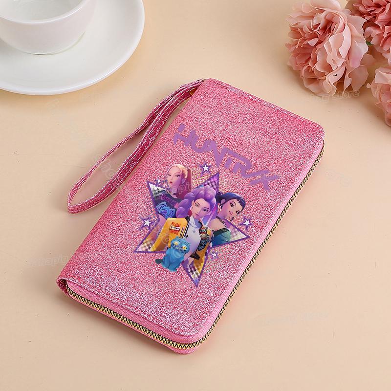 Vysoce kvalitní KPop Lovci démonů Dlouhá peněženka Dámské peněženky na zip Sequin Bling Koženka Kapsa na mince Držák na ID Kartu Dámské Clutch Peněženky