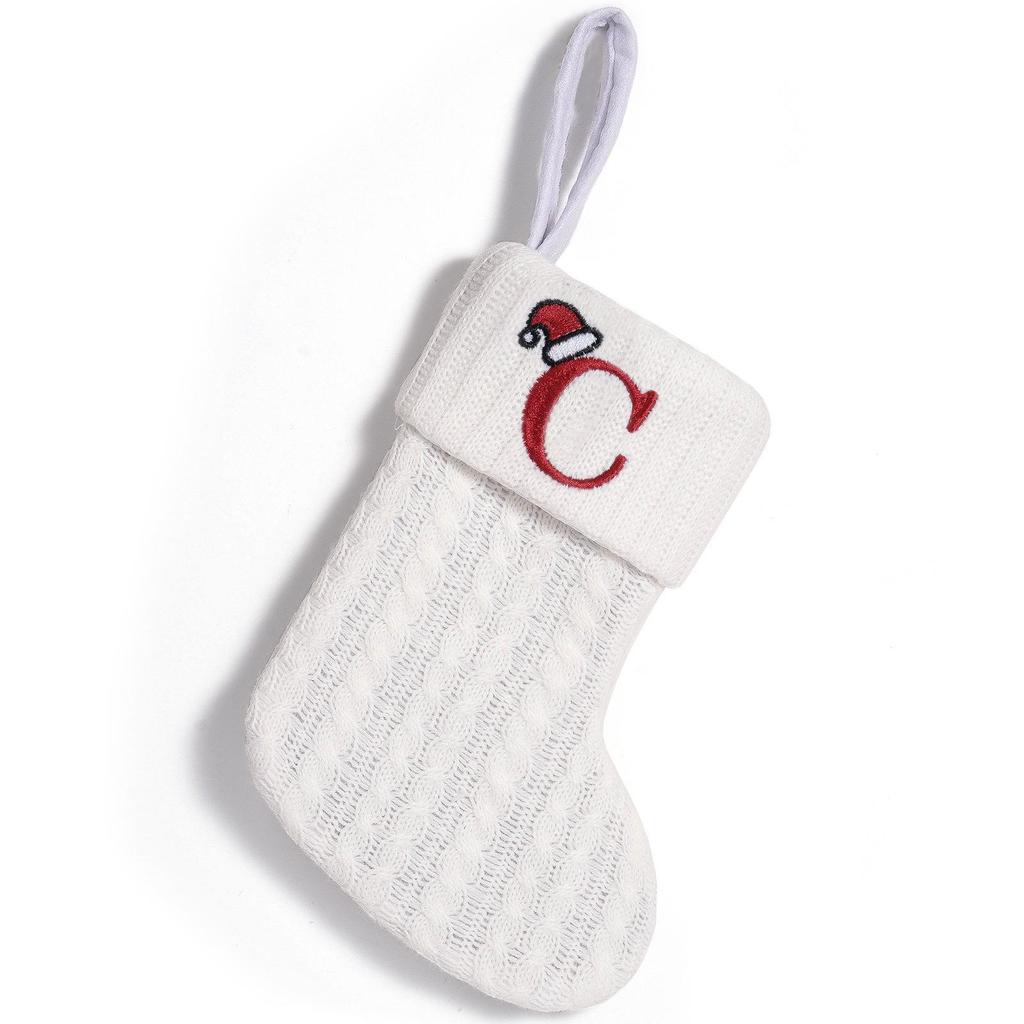 Cross-Border White Knitted Christmas Stocking with Letter Embroidery – Decorative Gift Bag Ornament.